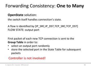 Forwarding Consistency: One to Many
A. Capone & C. Cascone: SDN tutorial 98
Controller is not involved!
OpenState solution:
the switch itself handles connection’s state.
A flow is identified by [IP_SRC,IP_DST,TCP_SRC,TCP_DST]
FLOW STATE: output port
First packet of each new TCP connection is sent to the
Group Table in order to:
• select an output port randomly
• store the selected port in the State Table for subsequent
packets
 