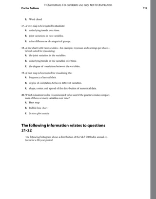 Practice Problems 155
C. Word cloud
17. A tree-map is best suited to illustrate:
A. underlying trends over time.
B. joint variations in two variables.
C. value differences of categorical groups.
18. A line chart with two variables—for example, revenues and earnings per share—
is best suited for visualizing:
A. the joint variation in the variables.
B. underlying trends in the variables over time.
C. the degree of correlation between the variables.
19. A heat map is best suited for visualizing the:
A. frequency of textual data.
B. degree of correlation between different variables.
C. shape, center, and spread of the distribution of numerical data.
20. Which valuation tool is recommended to be used if the goal is to make compari-
sons of three or more variables over time?
A. Heat map
B. Bubble line chart
C. Scatter plot matrix
The following information relates to questions
21-22
The following histogram shows a distribution of the S&P 500 Index annual re-
turns for a 50-year period:
© CFA Institute. For candidate use only. Not for distribution.
 