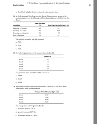 Practice Problems 157
C. Portfolio R is higher than its arithmetic mean annual return.
24. At the beginning of Year X, an investor allocated his retirement savings in the
asset classes shown in the following exhibit and earned a return for Year X as also
shown.
Asset Class
Asset Allocation
(%) Asset Class Return for Year X (%)
Large-cap US equities 20.0 8.0
Small-cap US equities 40.0 12.0
Emerging market equities 25.0 −3.0
High-yield bonds 15.0 4.0
The portfolio return for Year X is closest to:
A. 5.1%.
B. 5.3%.
C. 6.3%.
25. The following exhibit shows the annual returns for Fund Y.
Fund Y (%)
Year 1 19.5
Year 2 −1.9
Year 3 19.7
Year 4 35.0
Year 5 5.7
The geometric mean return for Fund Y is closest to:
A. 14.9%.
B. 15.6%.
C. 19.5%.
26. A portfolio manager invests €5,000 annually in a security for four years at the
prices shown in the following exhibit.
Purchase Price of Security (€ per unit)
Year 1 62.00
Year 2 76.00
Year 3 84.00
Year 4 90.00
The average price is best represented as the:
A. harmonic mean of €76.48.
B. geometric mean of €77.26.
C. arithmetic average of €78.00.
© CFA Institute. For candidate use only. Not for distribution.
 