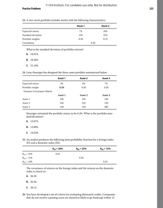 Practice Problems 225
23. A two-stock portfolio includes stocks with the following characteristics:
Stock 1 Stock 2
Expected return 7% 10%
Standard deviation 12% 25%
Portfolio weights 0.30 0.70
Correlation 0.20
What is the standard deviation of portfolio returns?
A. 14.91%
B. 18.56%
C. 21.10%
24. Lena Hunziger has designed the three-asset portfolio summarized below:
Asset 1 Asset 2 Asset 3
Expected return 5% 6% 7%
Portfolio weight 0.20 0.30 0.50
Variance-Covariance Matrix
Asset 1 Asset 2 Asset 3
Asset 1 196 105 140
Asset 2 105 225 150
Asset 3 140 150 400
Hunziger estimated the portfolio return to be 6.3%. What is the portfolio stan-
dard deviation?
A. 13.07%
B. 13.88%
C. 14.62%
25. An analyst produces the following joint probability function for a foreign index
(FI) and a domestic index (DI).
RDI = 30% RDI = 25% RDI = 15%
RFI = 25% 0.25
RFI = 15% 0.50
RFI = 10% 0.25
The covariance of returns on the foreign index and the returns on the domestic
index is closest to:
A. 26.39.
B. 26.56.
C. 28.12.
26. You have developed a set of criteria for evaluating distressed credits. Companies
that do not receive a passing score are classed as likely to go bankrupt within 12
© CFA Institute. For candidate use only. Not for distribution.
 