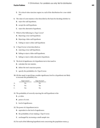 Practice Problems 409
C. 5% critical value rejection region in a tail of the distribution for a one-tailed
test.
6. The value of a test statistic is best described as the basis for deciding whether to:
A. reject the null hypothesis.
B. accept the null hypothesis.
C. reject the alternative hypothesis.
7. Which of the following is a Type I error?
A. Rejecting a true null hypothesis
B. Rejecting a false null hypothesis
C. Failing to reject a false null hypothesis
8. A Type II error is best described as:
A. rejecting a true null hypothesis.
B. failing to reject a false null hypothesis.
C. failing to reject a false alternative hypothesis.
9. The level of significance of a hypothesis test is best used to:
A. calculate the test statistic.
B. define the test’s rejection points.
C. specify the probability of a Type II error.
10. All else equal, is specifying a smaller significance level in a hypothesis test likely
to increase the probability of a:
Type I error? Type II error?
A. No No
B. No Yes
C. Yes No
11. The probability of correctly rejecting the null hypothesis is the:
A. p-value.
B. power of a test.
C. level of significance.
12. The power of a hypothesis test is:
A. equivalent to the level of significance.
B. the probability of not making a Type II error.
C. unchanged by increasing a small sample size.
13. For each of the following hypothesis tests concerning the population mean, μ,
© CFA Institute. For candidate use only. Not for distribution.
 