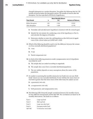 Learning Module 6 Hypothesis Testing
416
changed subsequent to a market disruption. You gather the following data for 120
months of returns before the disruption and for 120 months of returns after the
disruption. You have specified a 0.05 level of significance.
Time Period n
Mean Monthly Return
(%) Variance of Returns
Before disruption 120 1.416 22.367
After disruption 120 1.436 15.795
A. Formulate null and alternative hypotheses consistent with the research goal.
B. Identify the test statistic for conducting a test of the hypotheses in Part A,
and calculate the degrees of freedom.
C. Determine whether to reject the null hypothesis at the 0.05 level of signifi-
cance if the critical values are 0.6969 and 1.4349.
35. Which of the following should be used to test the difference between the varianc-
es of two normally distributed populations?
A. t-test
B. F-test
C. Paired comparisons test
36. In which of the following situations would a nonparametric test of a hypothesis
most likely be used?
A. The sample data are ranked according to magnitude.
B. The sample data come from a normally distributed population.
C. The test validity depends on many assumptions about the nature of the
population.
37. An analyst is examining the monthly returns for two funds over one year. Both
funds’ returns are non-normally distributed. To test whether the mean return of
one fund is greater than the mean return of the other fund, the analyst can use:
A. a parametric test only.
B. a nonparametric test only.
C. both parametric and nonparametric tests.
38. The following table shows the sample correlations between the monthly returns
for four different mutual funds and the S&P 500. The correlations are based on 36
monthly observations. The funds are as follows:
Fund 1 Large-cap fund
Fund 2 Mid-cap fund
Fund 3 Large-cap value fund
Fund 4 Emerging market fund
S&P 500 US domestic stock index
© CFA Institute. For candidate use only. Not for distribution.
 