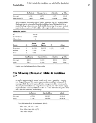 Practice Problems 475
Coefficients Standard Error t-Statistic p-Value
Intercept 2.2521 1.2739 1.7679 0.1518
Index return (%) 1.0690 0.0478 22.3784 0.0000
When reviewing the results, Andrea Fusilier suspected that they were unreliable.
She found that the returns for Month 2 should have been 7.21% and 6.49%, in-
stead of the large values shown in the first table. Correcting these values resulted
in a revised correlation of 0.824 and the following revised regression results:
Regression Statistics
R2 0.6784
Standard error 2.0624
Observations 6
Source df
Sum of
Squares
Mean
Square F p-Value
Regression 1 35.8950 35.8950 8.4391 0.044
Residual 4 17.0137 4.2534
Total 5 52.91
Coefficients Standard Error t-Statistic p-Value
Intercept 2.2421 0.8635 2.5966 0.060
Slope 0.6217 0.2143 2.9050 0.044
Explain how the bad data affected the results.
The following information relates to questions
4-7
An analyst is examining the annual growth of the money supply for a country
over the past 30 years. This country experienced a central bank policy shift 15
years ago, which altered the approach to the management of the money supply.
The analyst estimated a model using the annual growth rate in the money supply
regressed on the variable (SHIFT) that takes on a value of 0 before the policy shift
and 1 after. She estimated the following:
Coefficients Standard Error t-Stat.
Intercept 5.767264 0.445229 12.95348
SHIFT −5.13912 0.629649 −8.16188
Critical t-values, level of significance of 0.05:
One-sided, left side: −1.701
One-sided, right side: +1.701
Two-sided: ±2.048
© CFA Institute. For candidate use only. Not for distribution.
 
