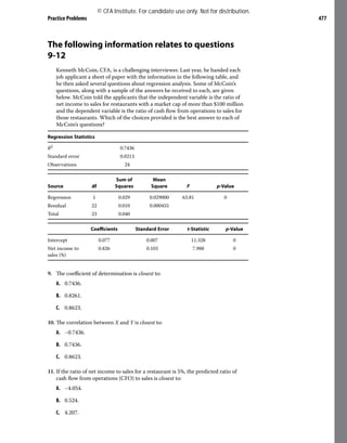 Practice Problems 477
The following information relates to questions
9-12
Kenneth McCoin, CFA, is a challenging interviewer. Last year, he handed each
job applicant a sheet of paper with the information in the following table, and
he then asked several questions about regression analysis. Some of McCoin’s
questions, along with a sample of the answers he received to each, are given
below. McCoin told the applicants that the independent variable is the ratio of
net income to sales for restaurants with a market cap of more than $100 million
and the dependent variable is the ratio of cash flow from operations to sales for
those restaurants. Which of the choices provided is the best answer to each of
McCoin’s questions?
Regression Statistics
R2 0.7436
Standard error 0.0213
Observations 24
Source df
Sum of
Squares
Mean
Square F p-Value
Regression 1 0.029 0.029000 63.81 0
Residual 22 0.010 0.000455
Total 23 0.040
Coefficients Standard Error t-Statistic p-Value
Intercept 0.077 0.007 11.328 0
Net income to
sales (%)
0.826 0.103 7.988 0
9. The coefficient of determination is closest to:
A. 0.7436.
B. 0.8261.
C. 0.8623.
10. The correlation between X and Y is closest to:
A. −0.7436.
B. 0.7436.
C. 0.8623.
11. If the ratio of net income to sales for a restaurant is 5%, the predicted ratio of
cash flow from operations (CFO) to sales is closest to:
A. −4.054.
B. 0.524.
C. 4.207.
© CFA Institute. For candidate use only. Not for distribution.
 