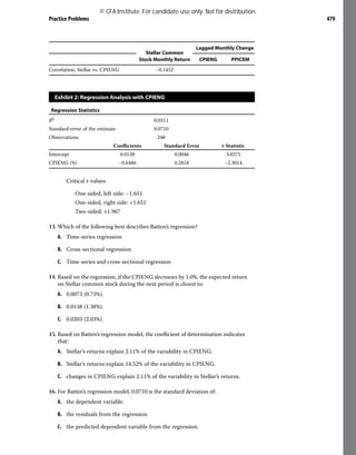 Practice Problems 479
Stellar Common
Stock Monthly Return
Lagged Monthly Change
CPIENG PPICEM
Correlation, Stellar vs. CPIENG −0.1452
Exhibit 2: Regression Analysis with CPIENG
Regression Statistics
R2 0.0211
Standard error of the estimate 0.0710
Observations 248
Coefficients Standard Error t-Statistic
Intercept 0.0138 0.0046 3.0275
CPIENG (%) −0.6486 0.2818 −2.3014
Critical t-values
One-sided, left side: −1.651
One-sided, right side: +1.651
Two-sided: ±1.967
13. Which of the following best describes Batten’s regression?
A. Time-series regression
B. Cross-sectional regression
C. Time-series and cross-sectional regression
14. Based on the regression, if the CPIENG decreases by 1.0%, the expected return
on Stellar common stock during the next period is closest to:
A. 0.0073 (0.73%).
B. 0.0138 (1.38%).
C. 0.0203 (2.03%).
15. Based on Batten’s regression model, the coefficient of determination indicates
that:
A. Stellar’s returns explain 2.11% of the variability in CPIENG.
B. Stellar’s returns explain 14.52% of the variability in CPIENG.
C. changes in CPIENG explain 2.11% of the variability in Stellar’s returns.
16. For Batten’s regression model, 0.0710 is the standard deviation of:
A. the dependent variable.
B. the residuals from the regression.
C. the predicted dependent variable from the regression.
© CFA Institute. For candidate use only. Not for distribution.
 