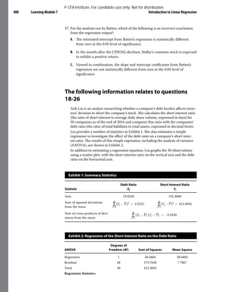 Learning Module 7 Introduction to Linear Regression
480
17. For the analysis run by Batten, which of the following is an incorrect conclusion
from the regression output?
A. The estimated intercept from Batten’s regression is statistically different
from zero at the 0.05 level of significance.
B. In the month after the CPIENG declines, Stellar’s common stock is expected
to exhibit a positive return.
C. Viewed in combination, the slope and intercept coefficients from Batten’s
regression are not statistically different from zero at the 0.05 level of
significance.
The following information relates to questions
18-26
Anh Liu is an analyst researching whether a company’s debt burden affects inves-
tors’ decision to short the company’s stock. She calculates the short interest ratio
(the ratio of short interest to average daily share volume, expressed in days) for
50 companies as of the end of 2016 and compares this ratio with the companies’
debt ratio (the ratio of total liabilities to total assets, expressed in decimal form).
Liu provides a number of statistics in Exhibit 1. She also estimates a simple
regression to investigate the effect of the debt ratio on a company’s short inter-
est ratio. The results of this simple regression, including the analysis of variance
(ANOVA), are shown in Exhibit 2.
In addition to estimating a regression equation, Liu graphs the 50 observations
using a scatter plot, with the short interest ratio on the vertical axis and the debt
ratio on the horizontal axis.
Exhibit 1: Summary Statistics
Statistic
Debt Ratio
Xi
Short Interest Ratio
Yi
Sum 19.8550 192.3000
Sum of squared deviations
from the mean
​
​∑
i=1
​
n
​
​
​
(​
​
​
X​
i​
​− ​
_
X​
​
)​
​
​
​2​
​ = 2.2225.​ ​
​∑
i=1
​
n
​
​
​
(​
​
​
Y​
i​
​− ​
_
Y​
​
)​
​
​
​2​
​ = 412.2042.​
Sum of cross-products of devi-
ations from the mean
​
​∑
i=1
​
n
​
​​
(​
​
​
X​
i​
​− ​
_
X​
​
)​
​​
​​
(​
​
​
Y​
i​
​− ​
_
Y​
​
)​
​​
​ = −9.2430.​
Exhibit 2: Regression of the Short Interest Ratio on the Debt Ratio
ANOVA
Degrees of
Freedom (df) Sum of Squares Mean Square
Regression 1 38.4404 38.4404
Residual 48 373.7638 7.7867
Total 49 412.2042
Regression Statistics
© CFA Institute. For candidate use only. Not for distribution.
 