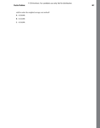 Practice Problems 487
sold be under the weighted average cost method?
A. ₤120,000.
B. ₤122,000.
C. ₤124,000.
© CFA Institute. For candidate use only. Not for distribution.
 