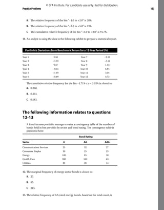 Practice Problems 153
A. The relative frequency of the bin “−1.0 to +2.0” is 20%.
B. The relative frequency of the bin “+2.0 to +5.0” is 23%.
C. The cumulative relative frequency of the bin “+5.0 to +8.0” is 91.7%.
11. An analyst is using the data in the following exhibit to prepare a statistical report.
Portfolio’s Deviations from Benchmark Return for a 12-Year Period (%)
Year 1 2.48 Year 7 −9.19
Year 2 −2.59 Year 8 −5.11
Year 3 9.47 Year 9 1.33
Year 4 −0.55 Year 10 6.84
Year 5 −1.69 Year 11 3.04
Year 6 −0.89 Year 12 4.72
The cumulative relative frequency for the bin −1.71% ≤ x < 2.03% is closest to:
A. 0.250.
B. 0.333.
C. 0.583.
The following information relates to questions
12-13
A fixed-income portfolio manager creates a contingency table of the number of
bonds held in her portfolio by sector and bond rating. The contingency table is
presented here:
Bond Rating
Sector A AA AAA
Communication Services 25 32 27
Consumer Staples 30 25 25
Energy 100 85 30
Health Care 200 100 63
Utilities 22 28 14
12. The marginal frequency of energy sector bonds is closest to:
A. 27.
B. 85.
C. 215.
13. The relative frequency of AA rated energy bonds, based on the total count, is
© CFA Institute. For candidate use only. Not for distribution.
 