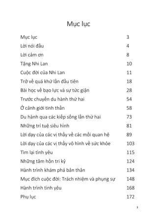3
Mục lục
Mục lục
Lời nói đầu
Lời cảm ơn
Tặng Nhi Lan
Cuộc đời của Nhi Lan
Trở về quá khứ lần đầu tiên
Bài học về bạo lực và sự tức giận
Trước chuyến du hành thứ hai
Ở cảnh giới tinh thần
Du hành qua các kiếp sống lần thứ hai
Những trí tuệ siêu hình
Lời dạy của các vị thầy về các mối quan hệ
Lời dạy của các vị thầy vô hình về sức khỏe
Tìm lại tình yêu
Những tâm hồn tri kỷ
Hành trình khám phá bản thân
Mục đích cuộc đời: Trách nhiệm và phụng sự
Hành trình tình yêu
Phụ lục
3
4
8
10
11
18
28
54
58
73
81
89
103
115
124
134
148
168
172
 