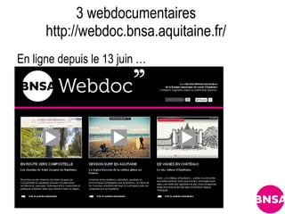3 webdocumentaires
      http://webdoc.bnsa.aquitaine.fr/
En ligne depuis le 13 juin …
 