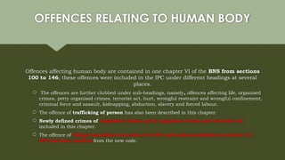 OFFENCES RELATING TO HUMAN BODY
Offences affecting human body are contained in one chapter VI of the BNS from sections
100 to 146; these offences were included in the IPC under different headings at several
places.
 The offences are further clubbed under sub-headings, namely, offences affecting life, organised
crimes, petty organised crimes, terrorist act, hurt, wrongful restraint and wrongful confinement,
criminal force and assault, kidnapping, abduction, slavery and forced labour.
 The offence of trafficking of person has also been described in this chapter.
 Newly defined crimes of organised crimes, petty organised crimes and terrorist act
included in this chapter.
 The offence of Thugee described in section 310 IPC and made punishable in section 311
IPC has been omitted from the new code.
 