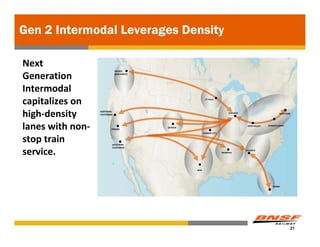 Gen 2 Intermodal Leverages Density

Next 
                               PACIFIC 

Generation                     NORTHWEST




Intermodal 
capitalizes on                                             ST PAUL




high‐density      NORTHERN 
                  CALIFORNIA
                                                                            CHICAGO                          NEW YORK




lanes with non‐            FRESNO
                                           DENVER

                                                          KANSAS CITY
                                                                                       OHIO VALLEY   PENNSYLVANIA




stop train                 SOUTHERN 
                           CALIFORNIA

service.                                                                MEMPHIS
                                                                                      ATLANTA




                                                    DFW




                                                                                                        MIAMI




                                                                                                                    21
 