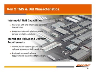 Gen 2 TMS & Bid Characteristics


Intermodal TMS Capabilities
   Allow for OTR and Intermodal solutions 
   in each lane
   Accommodate multiple Intermodal 
   service levels in each lane

Transit and Pickup and Delivery 
Requirements
   Communicate specific pickup and 
   delivery requirements for each lane
   Assign pick‐up and delivery 
   requirements customized for each DC 




                                             28
 