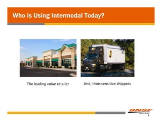Who is Using Intermodal Today?




    The leading value retailer   And, time‐sensitive shippers




                                                                3
 