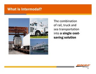 What is Intermodal?


                      The combination 
                      of rail, truck and 
                      sea transportation 
                      into a single cost-
                      saving solution




                                            4
 
