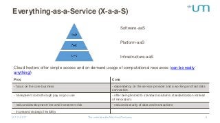 Everything-as-a-Service (X-a-a-S)
27.11.2017 The unbelievable Machine Company 5
Software-aaS
Platform-aaS
Infrastructure-aaS
Cloud hosters offer simple access and on demand usage of computational resources (can be really
anything!)
Pros Cons
- focus on the core business - dependency on the service provider and a working and fast data
connection
- transparent costs through pay as you use - offer being limited to standard solutions (standardization instead
of innovation)
- reduced development time and investment risk - reduced security of data and transactions
- increased strategic flexibility
 