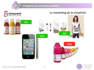 Paris,	
  le	
  13	
  septembre	
  2011	
   17	
  
Le	
  markeDng	
  de	
  la	
  simplicité	
  
OUI	
  
OUI	
  
NON	
  
Emergence	
  de	
  nouveaux	
  modèles	
  4	
  
OUI	
  
 