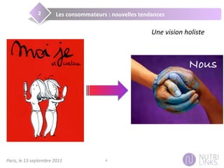 Paris,	
  le	
  13	
  septembre	
  2011	
   4	
  
Les	
  consommateurs	
  :	
  nouvelles	
  tendances	
  2	
  
Une	
  vision	
  holiste	
  
Nous!
 