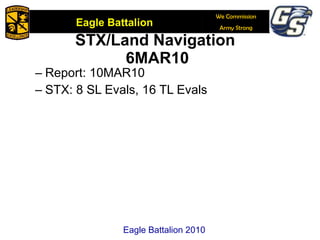 STX/Land Navigation  6MAR10 Report: 10MAR10 STX: 8 SL Evals, 16 TL Evals Eagle Battalion 2010 