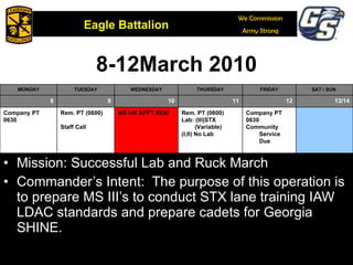 Mission: Successful Lab and Ruck March Commander’s Intent:  The purpose of this operation is to prepare MS III’s to conduct STX lane training IAW LDAC standards and prepare cadets for Georgia SHINE. 8-12March 2010 February 6, 2009 MONDAY TUESDAY WEDNESDAY THURSDAY FRIDAY SAT / SUN  8 9 10 11 12 13/14 Company PT  0630 Rem. PT (0600) Staff Call MS I-III APFT 0530 Rem. PT (0600) Lab: (III)STX (Variable) (I,II) No Lab Company PT 0630 Community Service Due 
