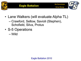 Lane Walkers (will evaluate Alpha TL) Crawford, Sellow, Savioli (Stephen), Schofield, Silva, Protus S-5 Operations Wild Eagle Battalion 2010 