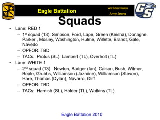 Squads Lane: RED 1 1 st  squad (13): Simpson, Ford, Lape, Green (Keisha), Donaghe, Parker , Mosley, Washington, Hulme, Willette, Brandt, Gale, Navedo OPFOR: TBD TACs:  Protus (SL), Lambert (TL), Overholt (TL) Lane: WHITE 1 2 nd  squad (13):  Newton, Badger (Ian), Caison, Bush, Witmer, Beale, Grubbs, Williamson (Jazmine), Williamson (Steven), Hare, Thomas (Dylan), Navarro, Oliff OPFOR: TBD TACs:  Harnish (SL), Holder (TL), Watkins (TL) Eagle Battalion 2010 