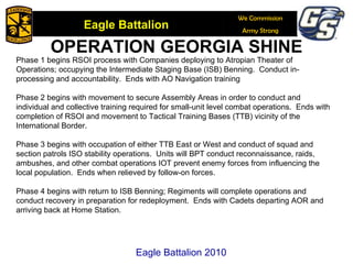 Phase 1 begins RSOI process with Companies deploying to Atropian Theater of Operations; occupying the Intermediate Staging Base (ISB) Benning.  Conduct in-processing and accountability.  Ends with AO Navigation training  Phase 2 begins with movement to secure Assembly Areas in order to conduct and individual and collective training required for small-unit level combat operations.  Ends with completion of RSOI and movement to Tactical Training Bases (TTB) vicinity of the International Border.  Phase 3 begins with occupation of either TTB East or West and conduct of squad and section patrols ISO stability operations.  Units will BPT conduct reconnaissance, raids, ambushes, and other combat operations IOT prevent enemy forces from influencing the local population.  Ends when relieved by follow-on forces.  Phase 4 begins with return to ISB Benning; Regiments will complete operations and conduct recovery in preparation for redeployment.  Ends with Cadets departing AOR and arriving back at Home Station. OPERATION GEORGIA SHINE Eagle Battalion 2010 