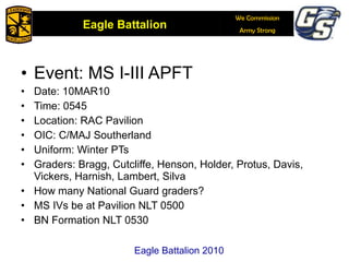 Event: MS I-III APFT Date: 10MAR10 Time: 0545 Location: RAC Pavilion OIC: C/MAJ Southerland Uniform: Winter PTs Graders: Bragg, Cutcliffe, Henson, Holder, Protus, Davis, Vickers, Harnish, Lambert, Silva How many National Guard graders? MS IVs be at Pavilion NLT 0500 BN Formation NLT 0530 Eagle Battalion 2010 