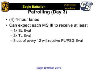 Patrolling (Day 3) (4) 4-hour lanes Can expect each MS III to receive at least  1x SL Eval 2x TL Eval 8 out of every 12 will receive PL/PSG Eval Eagle Battalion 2010 