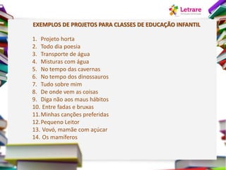 EXEMPLOS DE PROJETOS PARA CLASSES DE EDUCAÇÃO INFANTIL
1. Projeto horta
2. Todo dia poesia
3. Transporte de água
4. Misturas com água
5. No tempo das cavernas
6. No tempo dos dinossauros
7. Tudo sobre mim
8. De onde vem as coisas
9. Diga não aos maus hábitos
10. Entre fadas e bruxas
11.Minhas canções preferidas
12.Pequeno Leitor
13. Vovó, mamãe com açúcar
14. Os mamíferos
 