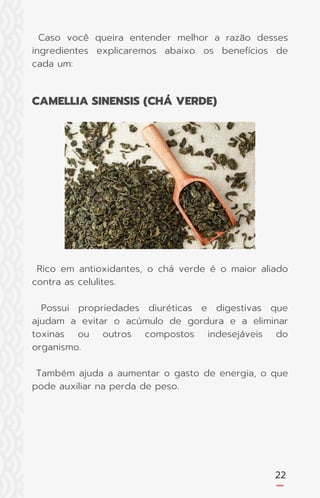 22
Caso você queira entender melhor a razão desses
ingredientes explicaremos abaixo os benefícios de
cada um:
Rico em antioxidantes, o chá verde é o maior aliado
contra as celulites.
Possui propriedades diuréticas e digestivas que
ajudam a evitar o acúmulo de gordura e a eliminar
toxinas ou outros compostos indesejáveis do
organismo.
Também ajuda a aumentar o gasto de energia, o que
pode auxiliar na perda de peso.
CAMELLIA SINENSIS (CHÁ VERDE)
 