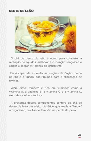 O chá de dente de leão é ótimo para combater a
retenção de líquidos, melhorar a circulação sanguínea e
ajudar a liberar as toxinas do organismo.
Ele é capaz de estimular as funções de órgãos como
os rins e o fígado, contribuindo para a eliminação de
toxinas.
Além disso, também é rico em vitaminas como a
vitamina A, a vitamina B, a vitamina C e a vitamina D,
além de cafeína e taninos.
A presença desses componentes confere ao chá de
dente de leão um efeito diurético que ajuda a “limpar”
o organismo, auxiliando também na perda de peso.
23
DENTE DE LEÃO
 