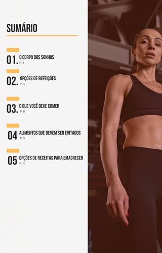 01.O Corpo dos Sonhos
P. 3
02.
SUMÁRIO
O que você deve comer
Alimentos que devem ser evitados
Opções de receitas para emagrecer
Opções de Refeições
P. 4
03.
04
05
P. 8
P. 9
P. 10
 