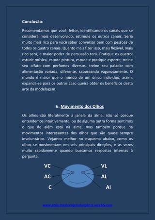 www.palestranterogerioturgante.weebly.com
Conclusão:
Recomendamos que você, leitor, identificando os canais que se
considera mais desenvolvido, estimule os outros canais. Seria
muito mais rico para você saber conversar bem com pessoas de
todos os quatro canais. Quanto mais fizer isso, mais flexível, mais
rico será, e maior poder de persuasão terá. Pratique os quatro:
estude música, estude pintura, estude e pratique esporte, treine
seu olfato com perfumes diversos, treine seu paladar com
alimentação variada, diferente, saboreando vagarosamente. O
mundo é maior que o mundo de um único indivíduo, assim,
expanda-se para os outros caso queira obter os benefícios desta
arte da modelagem.
6. Movimento dos Olhos
Os olhos são literalmente a janela da alma, não só porque
entendemos intuitivamente, ou de alguma outra forma sentimos
o que de além está na alma, mas também porque há
movimentos interessantes dos olhos que são quase sempre
involuntários. Vejamos melhor no esquema abaixo, como os
olhos se movimentam em seis principais direções, e às vezes
muito rapidamente quando buscamos respostas internas à
pergunta.
VC VL
AC AL
C AI
 
