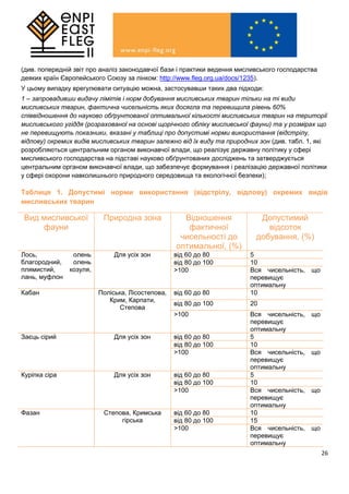 26
(див. попередній звіт про аналіз законодавчої бази і практики ведення мисливського господарства
деяких країн Європейського Союзу за лінком: http://www.fleg.org.ua/docs/1235).
У цьому випадку врегулювати ситуацію можна, застосувавши таких два підходи:
1 – запровадивши видачу лімітів і норм добування мисливських тварин тільки на ті види
мисливських тварин, фактична чисельність яких досягла та перевищила рівень 60%
співвідношення до науково обґрунтованої оптимальної кількості мисливських тварин на території
мисливського угіддя (розрахованої на основі щорічного обліку мисливської фауни) та у розмірах що
не перевищують показники, вказані у таблиці про допустимі норми використання (відстрілу,
відлову) окремих видів мисливських тварин залежно від їх виду та природних зон (див. табл. 1, які
розробляються центральним органом виконавчої влади, що реалізує державну політику у сфері
мисливського господарства на підставі науково обґрунтованих досліджень та затверджується
центральним органом виконавчої влади, що забезпечує формування і реалізацію державної політики
у сфері охорони навколишнього природного середовища та екологічної безпеки);
Таблиця 1. Допустимі норми використання (відстрілу, відлову) окремих видів
мисливських тварин
Вид мисливської
фауни
Природна зона Відношення
фактичної
чисельності до
оптимальної, (%)
Допустимий
відсоток
добування, (%)
Лось, олень
благородний, олень
плямистий, козуля,
лань, муфлон
Для усіх зон від 60 до 80 5
від 80 до 100 10
>100 Вся чисельність, що
перевищує
оптимальну
Кабан Поліська, Лісостепова,
Крим, Карпати,
Степова
від 60 до 80 10
від 80 до 100 20
>100 Вся чисельність, що
перевищує
оптимальну
Заєць сірий Для усіх зон від 60 до 80 5
від 80 до 100 10
>100 Вся чисельність, що
перевищує
оптимальну
Куріпка сіра Для усіх зон від 60 до 80 5
від 80 до 100 10
>100 Вся чисельність, що
перевищує
оптимальну
Фазан Степова, Кримська
гірська
від 60 до 80 10
від 80 до 100 15
>100 Вся чисельність, що
перевищує
оптимальну
 