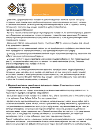 39
- упевнитись що розпорядником полювання здійснено відповідні записи в журналі реєстрації
полювання щодо номеру свого посвідчення мисливця, номеру дозвільного документу на право
проведення полювання, дати і часу початку полювання (не швидше як за 24 години до початку
полювання) у протилежному випадку самостійно здійснити такий запис.
Під час проведення полювання:
- точно та неухильно виконувати рішення розпорядника полювання, які прийняті відповідно до вимог
цього Положення, дотримуватись порядку полювання і правил безпеки, вимог цього Положення,
Закону України «Про мисливське господарство та полювання» та інших відповідних нормативно-
правових актів України;
- здійснювати постріл по мисливській тварині тільки після «100 %» впевненості що це вид, на який
йому дозволено полювання;
- здійснювати постріл по мисливській тварині під час індивідуального трофейного полювання тільки
після підтвердження про таку можливість з боку розпорядника полювання (єгеря);
- у випадку добування парнокопитних мисливських тварин прикріпити ідентифікатор на зап'ястя ноги
добутої парнокопитної мисливської тварини;
- у випадку прийняття рішення розпорядника полювання щодо позбавлення його права подальшої
участі у полюванні негайно завершити полювання та покинути мисливські угіддя у безпечно
визначений розпорядником полювання спосіб.
Після закінчення полювання:
- упевнитись, що розпорядником полювання здійснено відповідні записи в журналі реєстрації
полювання щодо часу закінчення полювання (незалежно від його результатів), видів і кількості
впольованої дичини та номеру використаного ідентифікатора у разі добування парнокопитної
мисливської тварини. В іншому протилежному випадку – самостійно здійснити такий запис (не
пізніше ніж 6 годин після завершення полювання).
 Дозвільні документи на добування мисливських тварин й інше документальне
забезпечення процесу полювання
Добування мисливських тварин, віднесених до державного мисливського фонду здійснюється за
ліцензією або відстрільною карткою або дозволом:
- за ліцензією здійснюється полювання на кабана, лань, оленів європейського та плямистого, козулю,
лося, муфлона, білку, бабака, бобра, борсука, куницю лісову;
- за відстрільною карткою здійснюється полювання на пернату дичину, кроля дикого, зайця сірого,
собаку єнотоподібного, вовка, лисицю, шакала, куницю кам'яну, норку американську, нутрію вільну;
- за дозволом може здійснюватися відстріл (відлов) будь-якого виду мисливських тварин з метою
селекційного відбору, ветеринарно-санітарної експертизи, наукового дослідження, добування
шкідливих хижих тварин, проведення випробувань і змагань собак мисливських порід, регулювання
чисельності. У разі добування мисливських тварин за вказаними дозволами, які надаються
відповідно до лімітів та норм добування, користувач угідь закриває ліцензію.
Ліцензії та відстрільні картки є номерними і видаються мисливцям із зазначенням у них дати та місця
здійснення полювання з урахуванням лімітів та сезонних норм добування мисливських тварин
зазначених у плані річного добування мисливських тварин окремого користувача мисливських угідь.
 