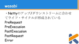 ・Nettyのアップ/ダウンストリームに合わせ
てライフ・サイクルが形成されている
PreRequest
PreExecusion
PostExecusion
PostRequest
Error
wasabi
 