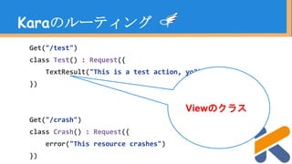 Get("/test")
class Test() : Request({
TextResult("This is a test action, yo")
})
Get("/crash")
class Crash() : Request({
error("This resource crashes")
})
Karaのルーティング
Viewのクラス
 