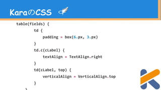 table(fields) {
td {
padding = box(6.px, 3.px)
}
td.c(cLabel) {
textAlign = TextAlign.right
}
td(cLabel, top) {
verticalAlign = VerticalAlign.top
}
KaraのCSS
 