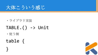 ・ライブラリ実装
TABLE.() -> Unit
・使う側
table {
}
大体こういう感じ
 