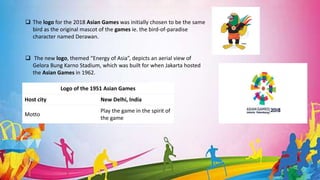  The logo for the 2018 Asian Games was initially chosen to be the same
bird as the original mascot of the games ie. the bird-of-paradise
character named Derawan.
 The new logo, themed “Energy of Asia”, depicts an aerial view of
Gelora Bung Karno Stadium, which was built for when Jakarta hosted
the Asian Games in 1962.
Logo of the 1951 Asian Games
Host city New Delhi, India
Motto
Play the game in the spirit of
the game
 