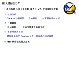 誰人跟我比 ? 1.  視訊系統  3 個月後啟動  廣告主  V.S  使用者即時互動 2.  效益分析 3.  一般會員 3.   Domian 訪客統計 我的貢獻 付費廣告效益分析 4.  幫事業商找下線 3.   可查詢由自己 Domian 加入一般會員的詳細資訊 5. Free 廣告張貼圖文並茂 我的貢獻 我的分類廣告效益分析 