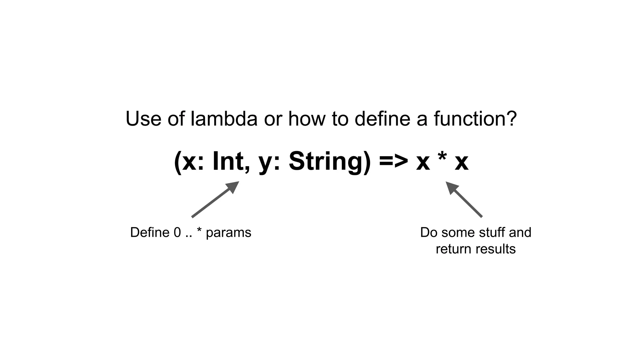 Use of lambda or how to define a function?
(x: Int, y: String) => x * x
Define 0 .. * params Do some stuff and
return results
 