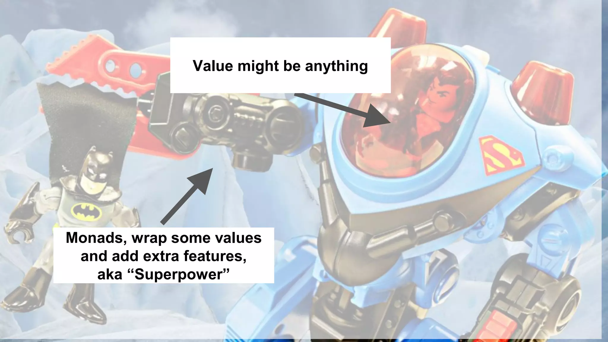 Monads, wrap some values
and add extra features,
aka “Superpower”
Value might be anything
 