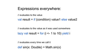 Expressions everywhere:
// evaluates to the value
val result = if (condition) value1 else value2
// evaluates to the value as it was used somewhere
lazy val result = for (i <- 1 to 10) yield i
// evaluates every time we call it
def sin(x: Double) = Math.sin(x)
 