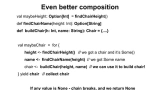 Even better composition
val maybeHeight: Option[Int] = findChairHeight()
def findChairName(height: Int): Option[String]
def buildChair(h: Int, name: String): Chair = {....}
val maybeChair = for {
height <- findChairHeight() // we got a chair and it’s Some()
name <- findChairName(height) // we got Some name
chair <- buildChair(height, name) // we can use it to build chair!
} yield chair // collect chair
If any value is None - chain breaks, and we return None
 
