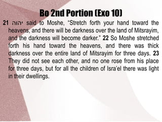 Bo 2nd Portion (Exo 10)
21 ‫יהוה‬ said to Moshe, “Stretch forth your hand toward the
heavens, and there will be darkness over the land of Mitsrayim,
and the darkness will become darker.” 22 So Moshe stretched
forth his hand toward the heavens, and there was thick
darkness over the entire land of Mitsrayim for three days. 23
They did not see each other, and no one rose from his place
for three days, but for all the children of Isra’el there was light
in their dwellings.
 