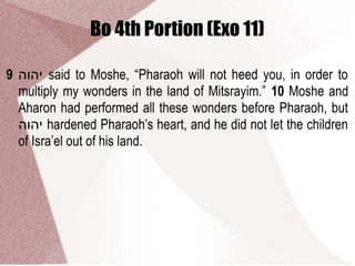 Bo 4th Portion (Exo 11)
9 ‫יהוה‬ said to Moshe, “Pharaoh will not heed you, in order to
multiply my wonders in the land of Mitsrayim.” 10 Moshe and
Aharon had performed all these wonders before Pharaoh, but
‫יהוה‬ hardened Pharaoh’s heart, and he did not let the children
of Isra’el out of his land.
 