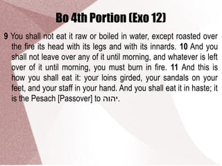 Bo 4th Portion (Exo 12)
9 You shall not eat it raw or boiled in water, except roasted over
the fire its head with its legs and with its innards. 10 And you
shall not leave over any of it until morning, and whatever is left
over of it until morning, you must burn in fire. 11 And this is
how you shall eat it: your loins girded, your sandals on your
feet, and your staff in your hand. And you shall eat it in haste; it
is the Pesach [Passover] to ‫.יהוה‬
 