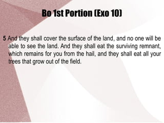 Bo 1st Portion (Exo 10)
5 And they shall cover the surface of the land, and no one will be
able to see the land. And they shall eat the surviving remnant,
which remains for you from the hail, and they shall eat all your
trees that grow out of the field.
 
